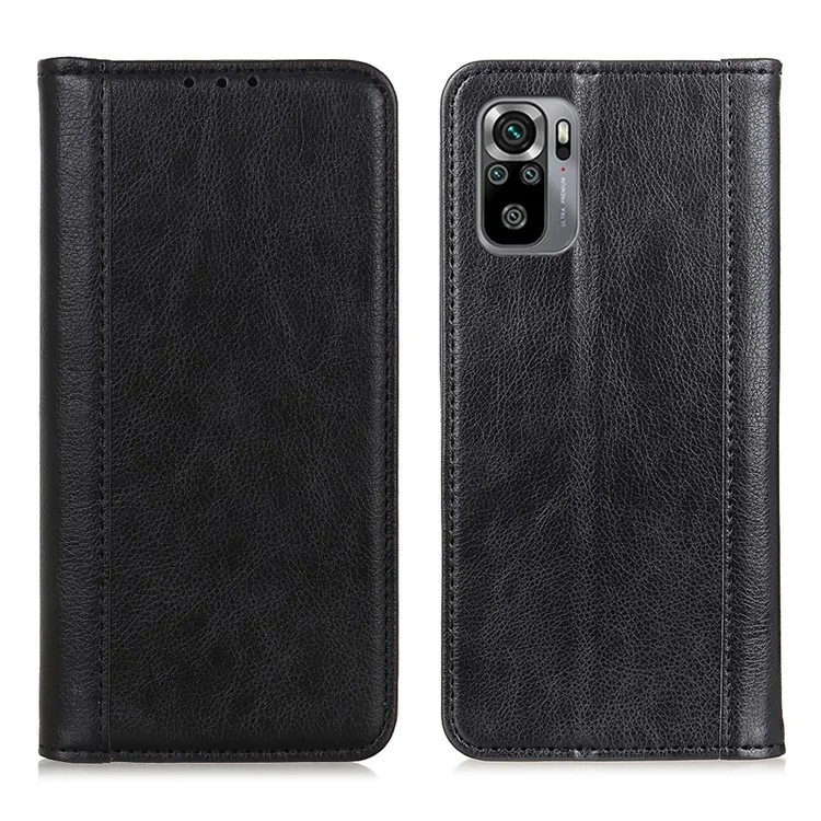 Auto Magnet Suction Design Litchi Texture Split Leather Wallet Stand Cover Case for Xiaomi Redmi Note 10 4G / Note 10S / Poco M5s 4G - Black