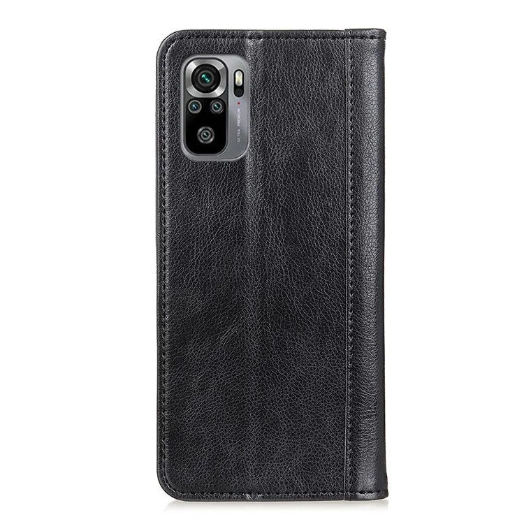 Auto Magnet Suction Design Litchi Texture Split Leather Wallet Stand Cover Case for Xiaomi Redmi Note 10 4G / Note 10S / Poco M5s 4G - Black