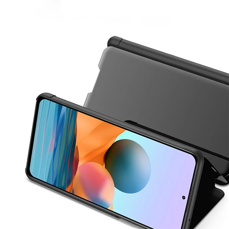 Verchromte Spiegeloberfläche Lederetui für Xiaomi Redmi Note 10 Pro (Indien) / Redmi Note 10 Pro 5G / Redmi Note 10 Pro Max - Fensterständer - Schwarz