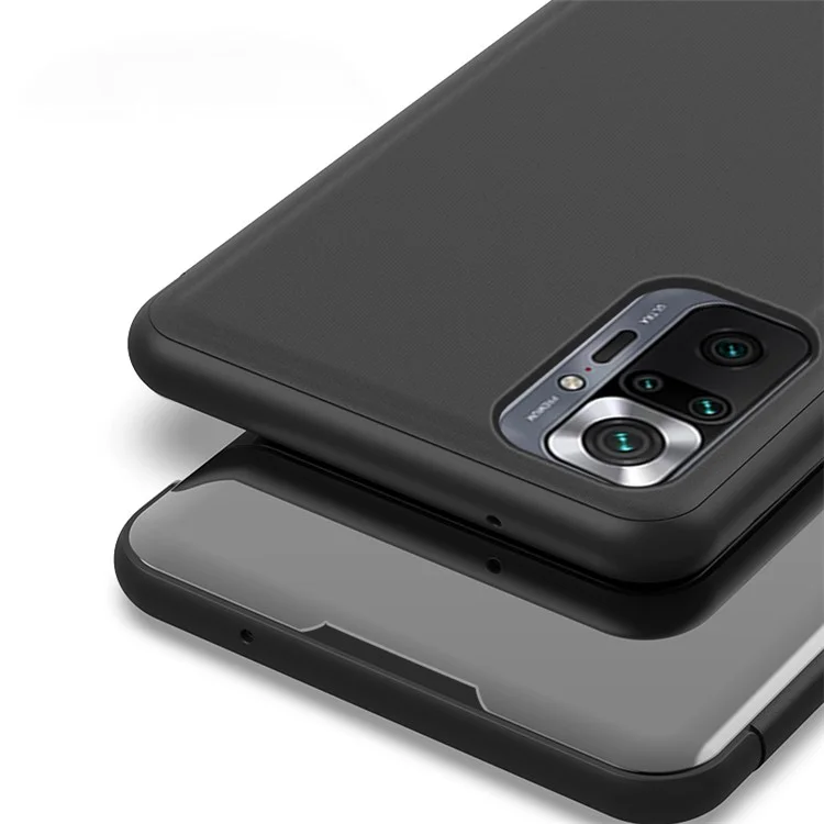 Verchromte Spiegeloberfläche Lederetui für Xiaomi Redmi Note 10 Pro (Indien) / Redmi Note 10 Pro 5G / Redmi Note 10 Pro Max - Fensterständer - Schwarz