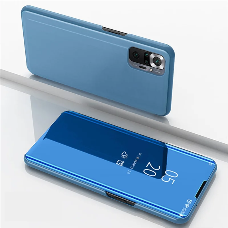 Capa de Couro com Superfície Espelhada Revestida para Xiaomi Redmi Note 10 Pro (Índia) / Redmi Note 10 Pro 5G / Redmi Note 10 Pro Max View Window Phone Stand - Azul