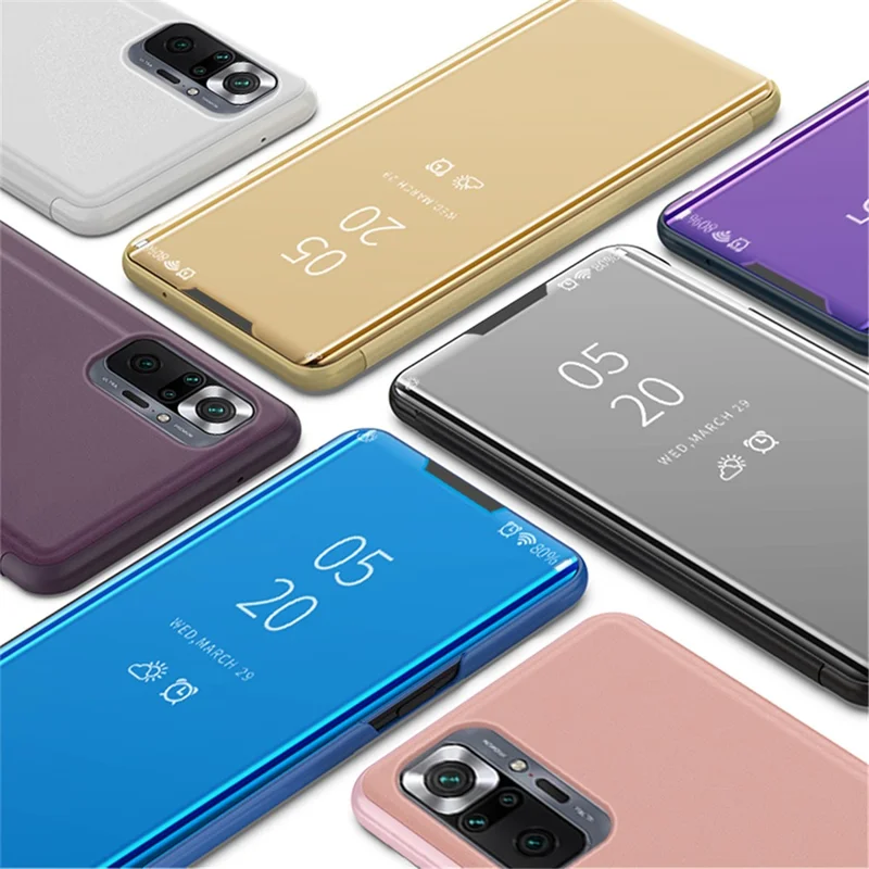Capa de Couro com Superfície Espelhada Revestida para Xiaomi Redmi Note 10 Pro (Índia) / Redmi Note 10 Pro 5G / Redmi Note 10 Pro Max View Window Phone Stand - Azul
