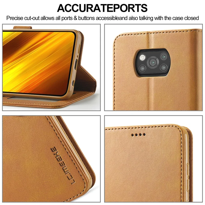 LC.IMEEKE Wallet Stand Leather Shell Phone Cover Case for Xiaomi Poco X3 NFC / Xiaomi Poco X3 - Brown