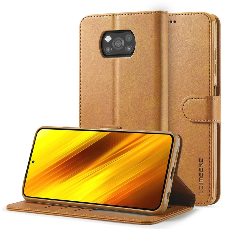 LC.IMEEKE Wallet Stand Leather Shell Phone Cover Case for Xiaomi Poco X3 NFC / Xiaomi Poco X3 - Brown