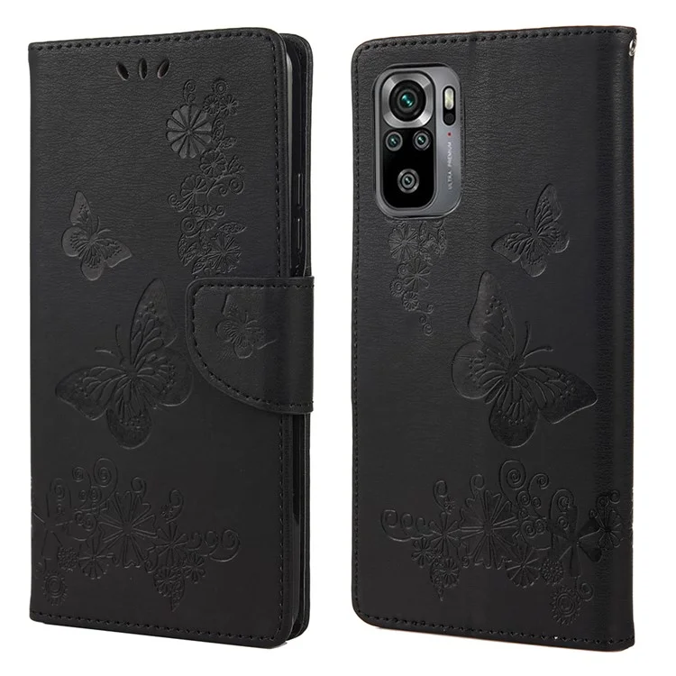 Maniente Impreso de Mariposas Flower Cuero de Cuero Case Para Xiaomi Redmi Note 10 4G / Nota 10s - Negro