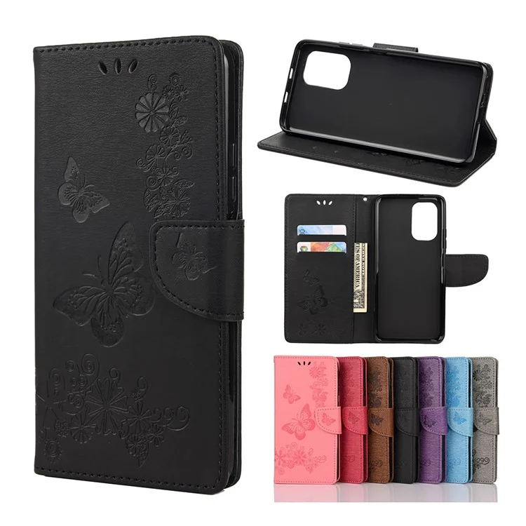 Maniente Impreso de Mariposas Flower Cuero de Cuero Case Para Xiaomi Redmi Note 10 4G / Nota 10s - Negro