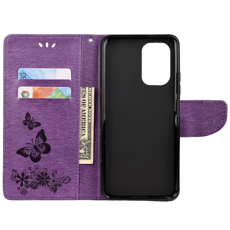 Ingedrukt Vlinders Bloem Lederen Portemonnee Standhoesje voor Xiaomi Redmi Note 10 4G / Note 10S / Poco M5s 4G - Paars