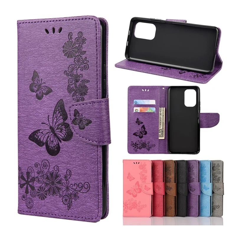 Ingedrukt Vlinders Bloem Lederen Portemonnee Standhoesje voor Xiaomi Redmi Note 10 4G / Note 10S / Poco M5s 4G - Paars