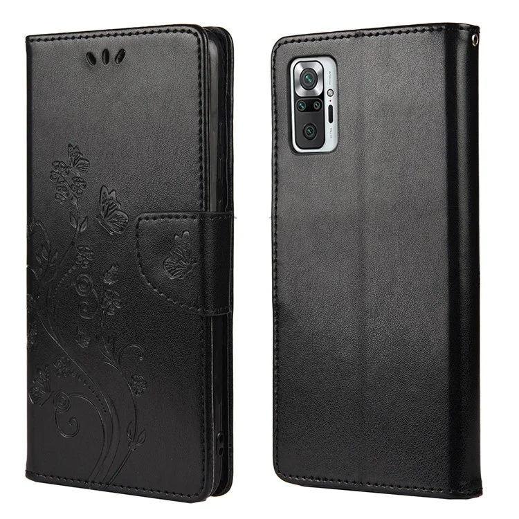 Maniente Impreso de Mariposas Flower Cuero de Cuero Case Para Xiaomi Redmi Note 10 4G / Nota 10s - Negro