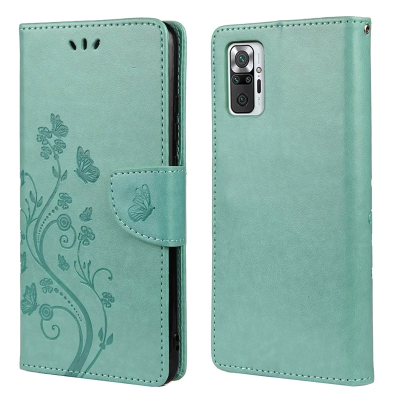 Отпечаток бабочек Цветочный кожаный чехол-подставка для Xiaomi Redmi Note 10 4G / Note 10S / Poco M5s 4G — зеленый