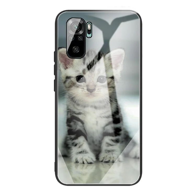 Pattern Printing Design Tempered Glass Back Panel with TPU Frame Hybrid Phone Case for Xiaomi Redmi Note 10 4G / Redmi Note 10S / Poco M5s 4G - Cute Cat