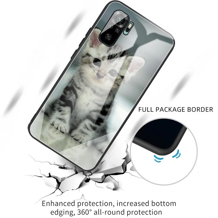 Pattern Printing Design Tempered Glass Back Panel with TPU Frame Hybrid Phone Case for Xiaomi Redmi Note 10 4G / Redmi Note 10S / Poco M5s 4G - Cute Cat