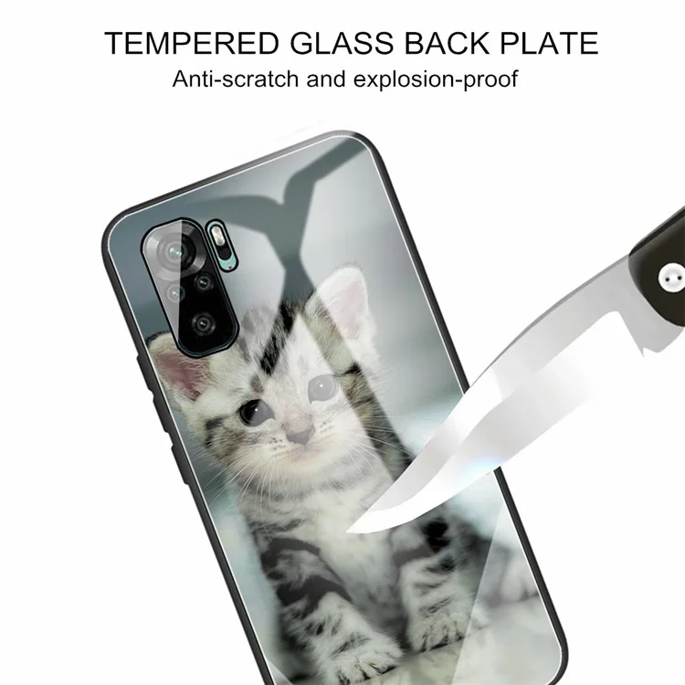 Pattern Printing Design Tempered Glass Back Panel with TPU Frame Hybrid Phone Case for Xiaomi Redmi Note 10 4G / Redmi Note 10S / Poco M5s 4G - Cute Cat