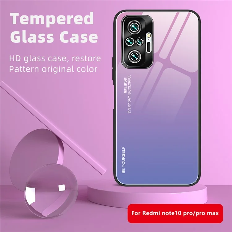 Capa De Telefone Celular De Vidro Temperado Gradiente Capa De Volta Tpu Quadro Para Xiaomi Redmi Nota 10 Pro / Nota 10 Pro Max - Rosa Roxo