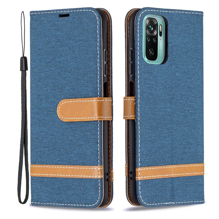 Para O Xiaomi Redmi Nota 10 4G / Nota 10s Jeans Pano Superfície Splicing Capa De Telefone De Couro Com Carteira - Azul Escuro