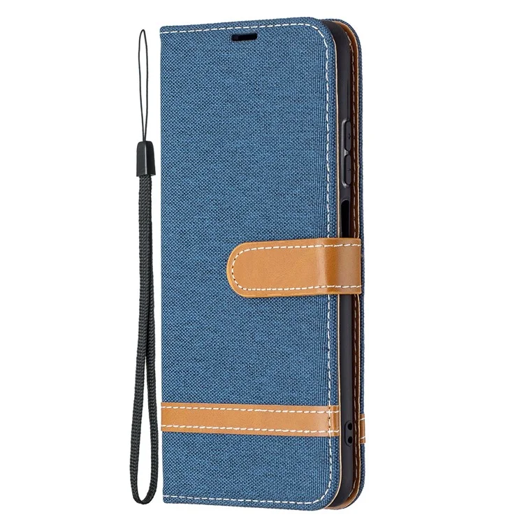 Para O Xiaomi Redmi Nota 10 4G / Nota 10s Jeans Pano Superfície Splicing Capa De Telefone De Couro Com Carteira - Azul Escuro