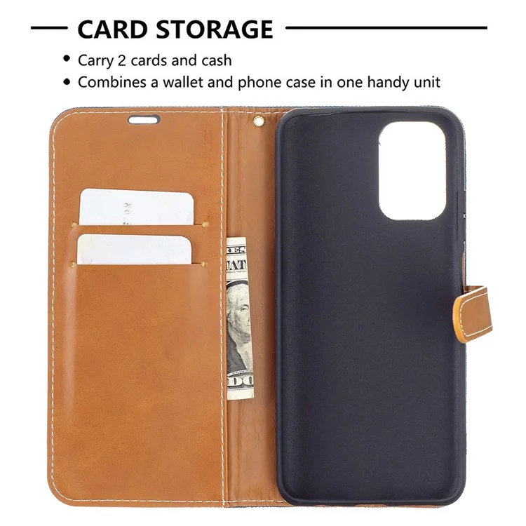 Para O Xiaomi Redmi Nota 10 4G / Nota 10s Jeans Pano Superfície Splicing Capa De Telefone De Couro Com Carteira - Azul Escuro