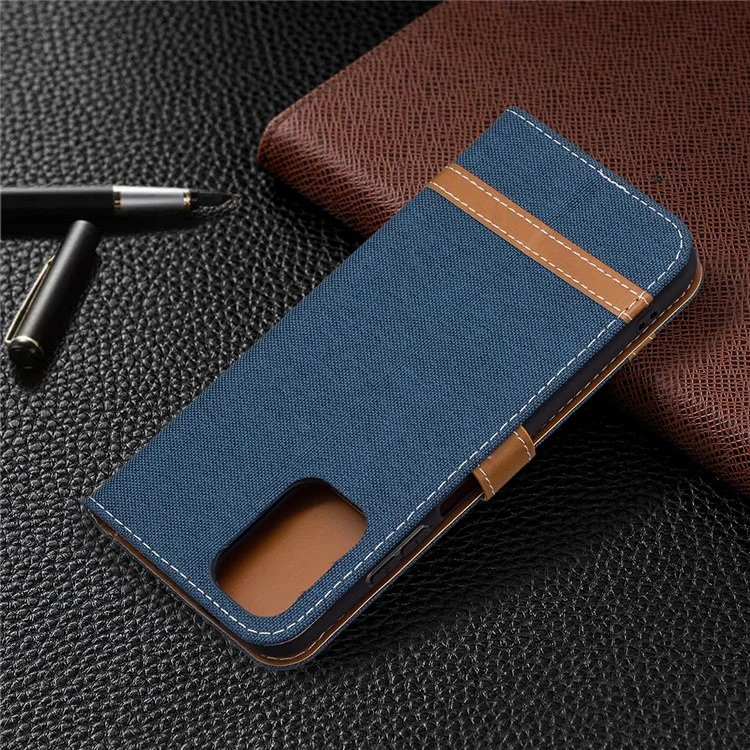 Para O Xiaomi Redmi Nota 10 4G / Nota 10s Jeans Pano Superfície Splicing Capa De Telefone De Couro Com Carteira - Azul Escuro
