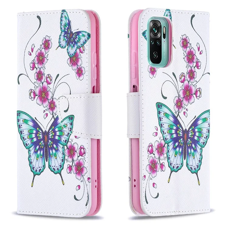 Folio-Flip-Muster-Druck-Wallet-Leder-Handyhalterung-Schutzhülle für Xiaomi Redmi Note 10 4G / Note 10S / Poco M5s 4G - Grüner Schmetterling