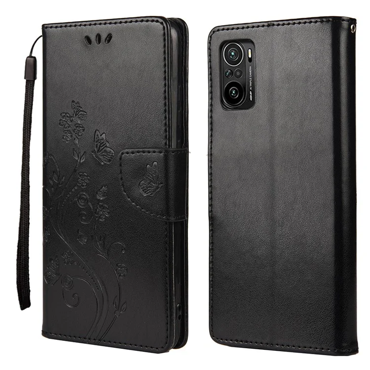 Imprinted Butterflies Flower Leather Wallet Stand Case for Xiaomi Poco F3 / Xiaomi Redmi K40 / K40 Pro - Black