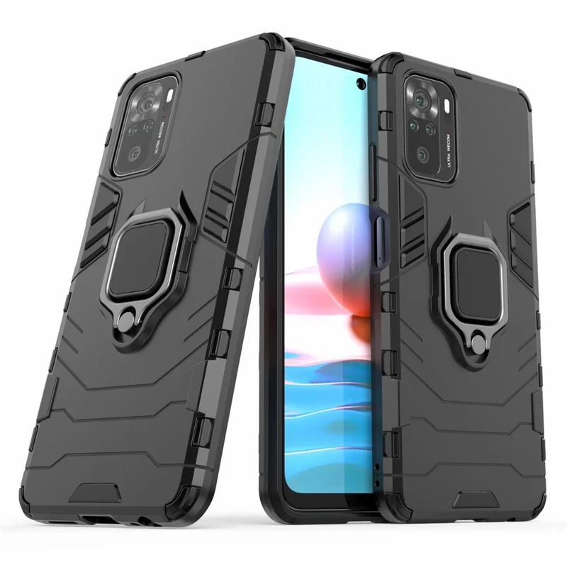 PC + TPU Combination Hybrid Phone Case with Finger Ring Holder Kickstand for Xiaomi Redmi Note 10 4G / Note 10S / Poco M5s 4G - Black