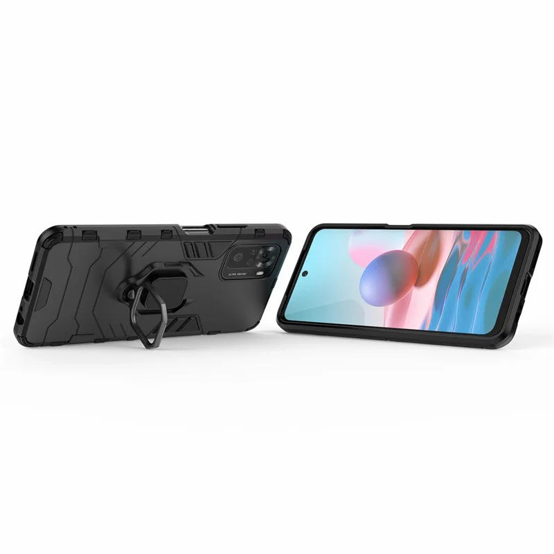 PC + TPU Combination Hybrid Phone Case with Finger Ring Holder Kickstand for Xiaomi Redmi Note 10 4G / Note 10S / Poco M5s 4G - Black