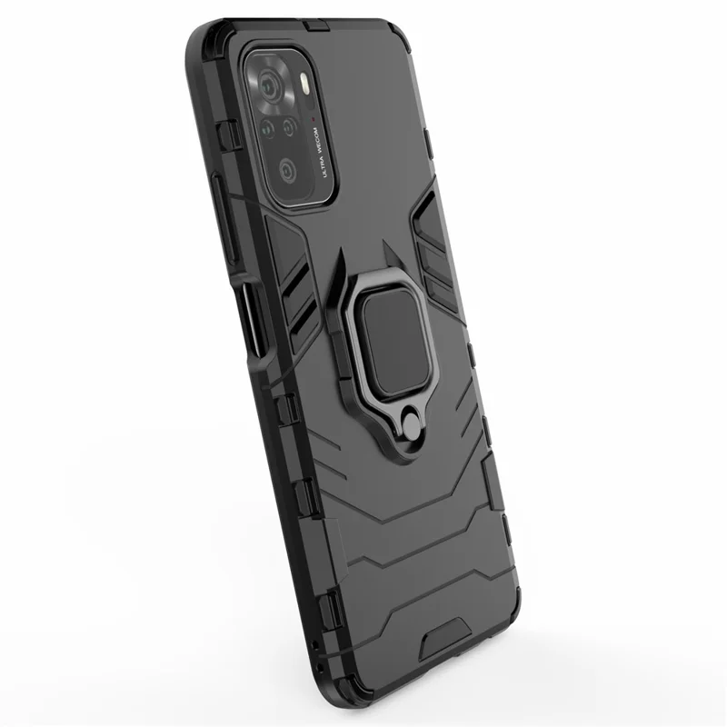 PC + TPU Combination Hybrid Phone Case with Finger Ring Holder Kickstand for Xiaomi Redmi Note 10 4G / Note 10S / Poco M5s 4G - Black