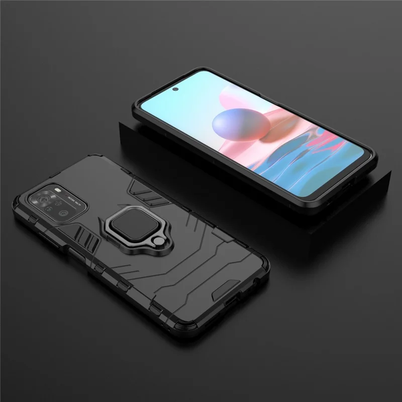 PC + TPU Combination Hybrid Phone Case with Finger Ring Holder Kickstand for Xiaomi Redmi Note 10 4G / Note 10S / Poco M5s 4G - Black