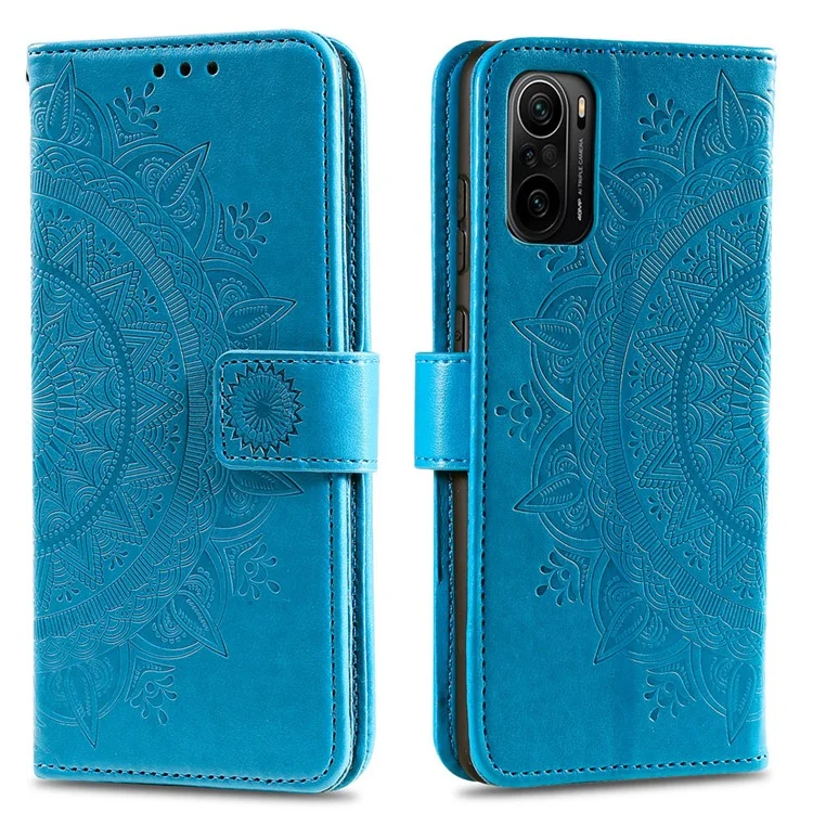 Caixa de Couro da Carteira de Flor Mandala Impressa Com Cinta Para Xiaomi Redmi K40 - Azul