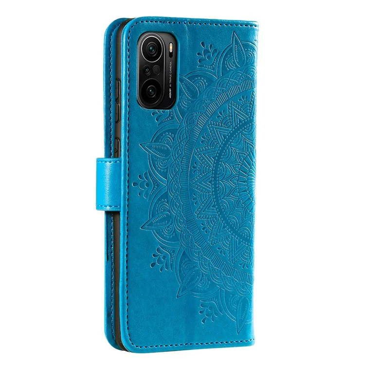 Caixa de Couro da Carteira de Flor Mandala Impressa Com Cinta Para Xiaomi Redmi K40 - Azul
