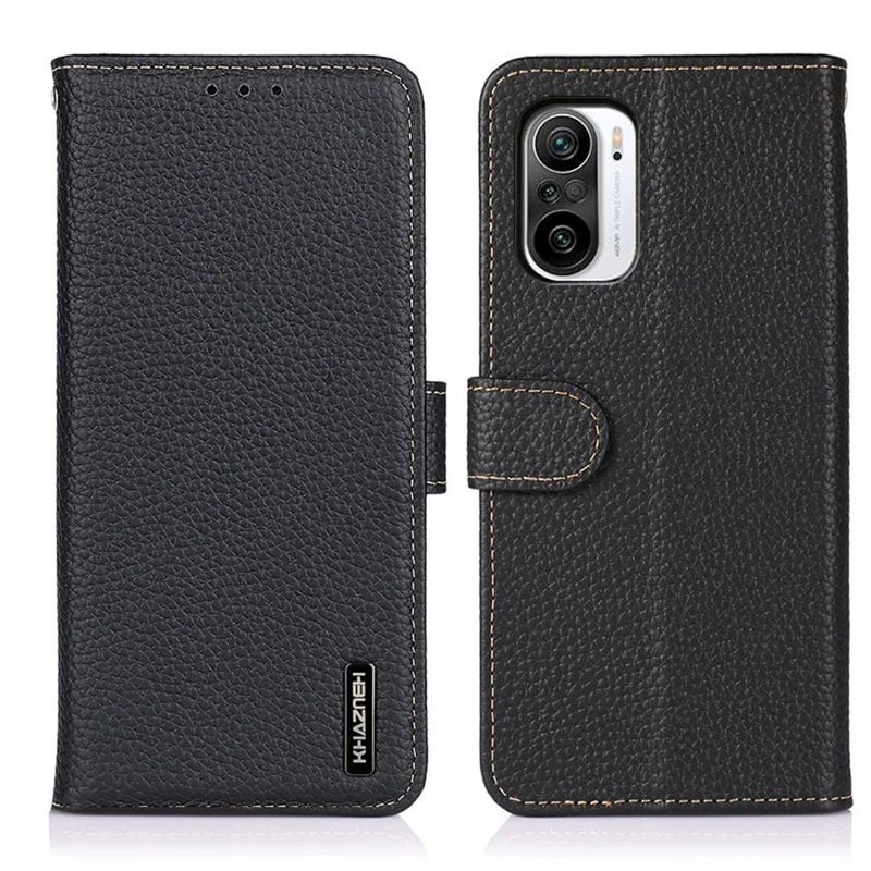 KHAZNEH For Xiaomi Redmi K40/K40 Pro/K40 Pro+/Mi 11i/Poco F3 Litchi Texture Wallet Design Top Layer Genuine Leather Shell Cell Phone Stand Case - Black