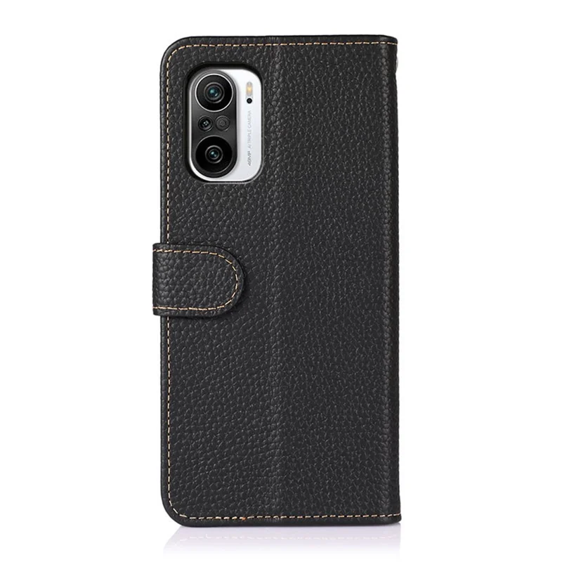 KHAZNEH For Xiaomi Redmi K40/K40 Pro/K40 Pro+/Mi 11i/Poco F3 Litchi Texture Wallet Design Top Layer Genuine Leather Shell Cell Phone Stand Case - Black