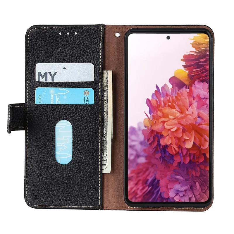 KHAZNEH For Xiaomi Redmi K40/K40 Pro/K40 Pro+/Mi 11i/Poco F3 Litchi Texture Wallet Design Top Layer Genuine Leather Shell Cell Phone Stand Case - Black