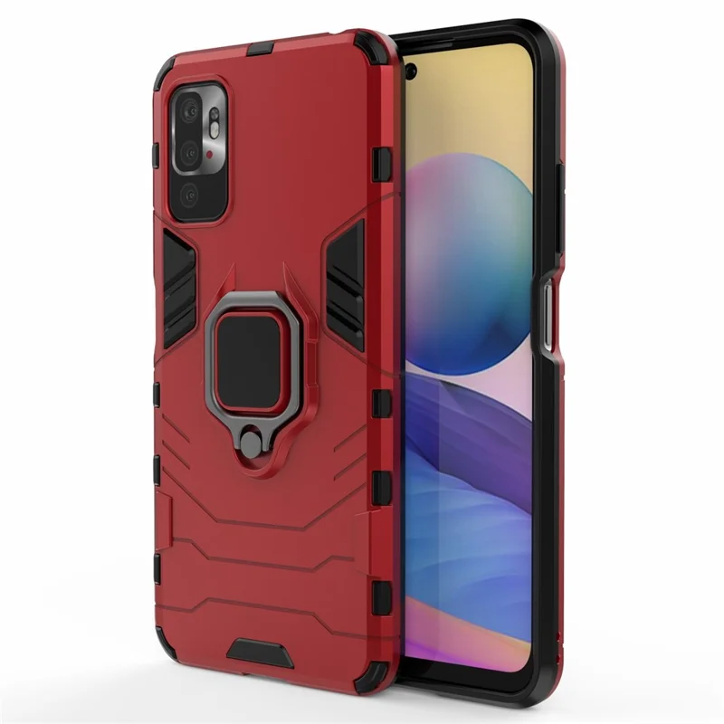 Cool Guard 2-in-1 Ring Holder Kickstand PC TPU Hybrid Case for Xiaomi Redmi Note 10 5G/Poco M3 Pro 5G/4G - Red