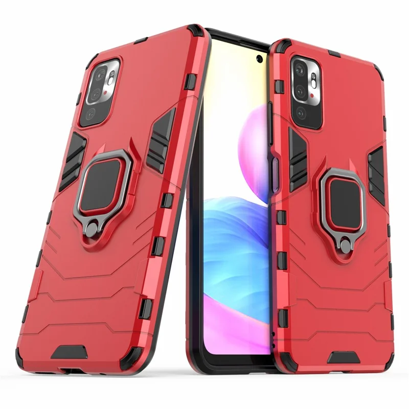 Cool Guard 2-in-1 Ring Holder Kickstand PC TPU Hybrid Case for Xiaomi Redmi Note 10 5G/Poco M3 Pro 5G/4G - Red