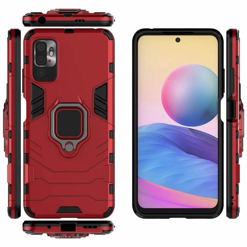 Cool Guard 2-in-1 Ring Holder Kickstand PC TPU Hybrid Case for Xiaomi Redmi Note 10 5G/Poco M3 Pro 5G/4G - Red