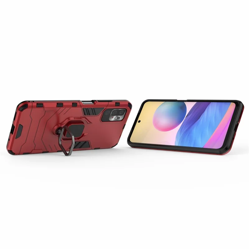 Cool Guard 2-in-1 Ring Holder Kickstand PC TPU Hybrid Case for Xiaomi Redmi Note 10 5G/Poco M3 Pro 5G/4G - Red