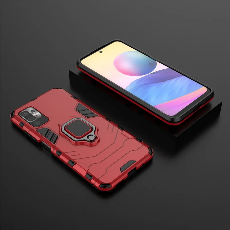 Cool Guard 2-in-1 Ring Holder Kickstand PC TPU Hybrid Case for Xiaomi Redmi Note 10 5G/Poco M3 Pro 5G/4G - Red