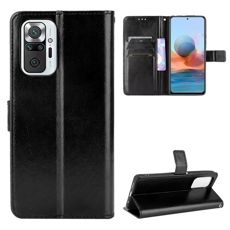 Crazy Horse Wallet Leather Stand Case for Xiaomi Redmi Note 10 Pro Max/Redmi Note 10 Pro - Black