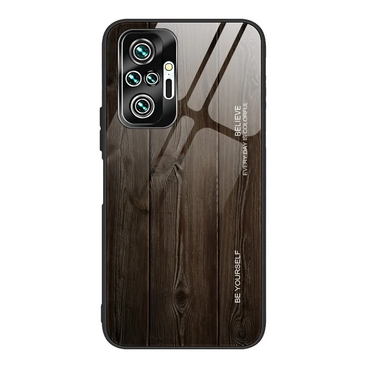 Wood Grain Pattern TPU+Tempered Glass Back Case for Xiaomi Redmi Note 10 Pro/Note 10 Pro Max - Black