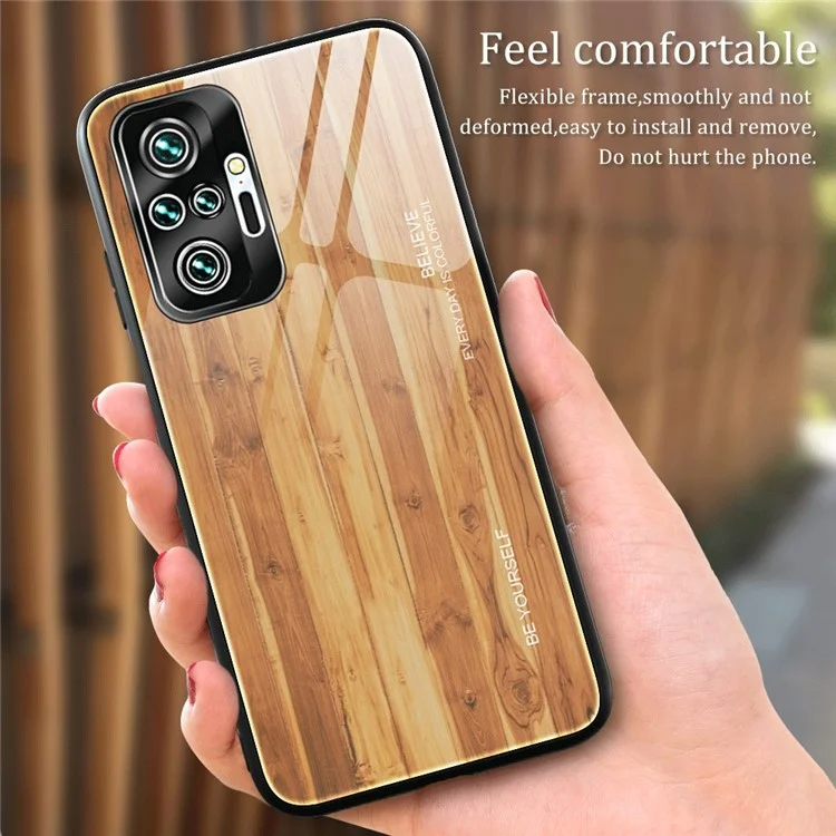 Wood Grain Pattern TPU+Tempered Glass Back Case for Xiaomi Redmi Note 10 Pro/Note 10 Pro Max - Black
