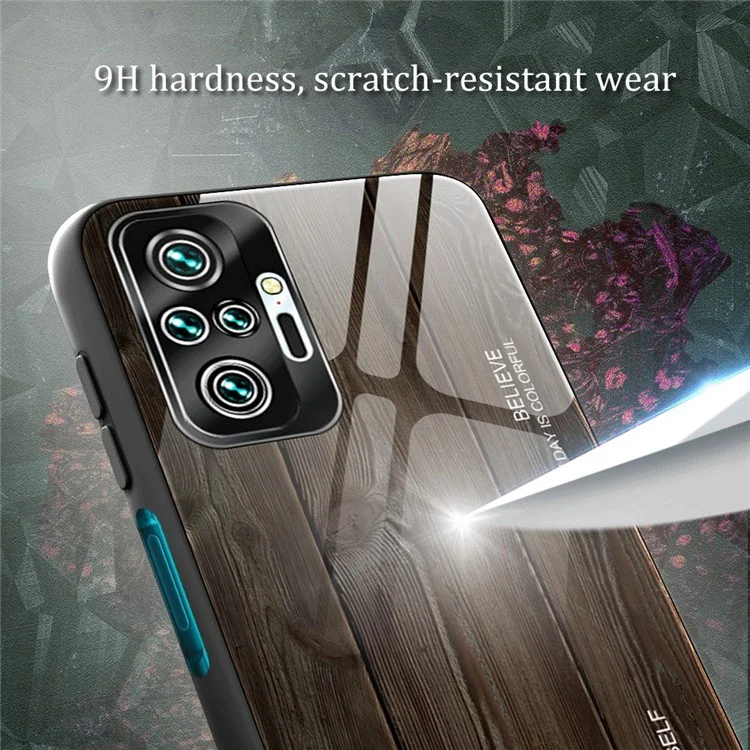 Wood Grain Pattern TPU+Tempered Glass Back Case for Xiaomi Redmi Note 10 Pro/Note 10 Pro Max - Black