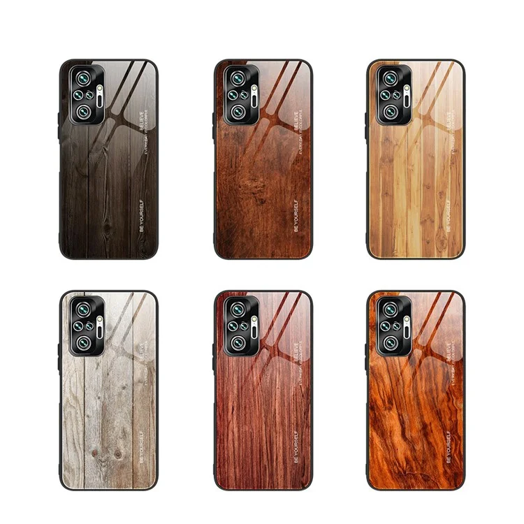 Wood Grain Pattern TPU+Tempered Glass Back Case for Xiaomi Redmi Note 10 Pro/Note 10 Pro Max - Black