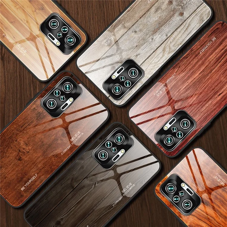 Wood Grain Pattern TPU+Tempered Glass Back Case for Xiaomi Redmi Note 10 Pro/Note 10 Pro Max - Black