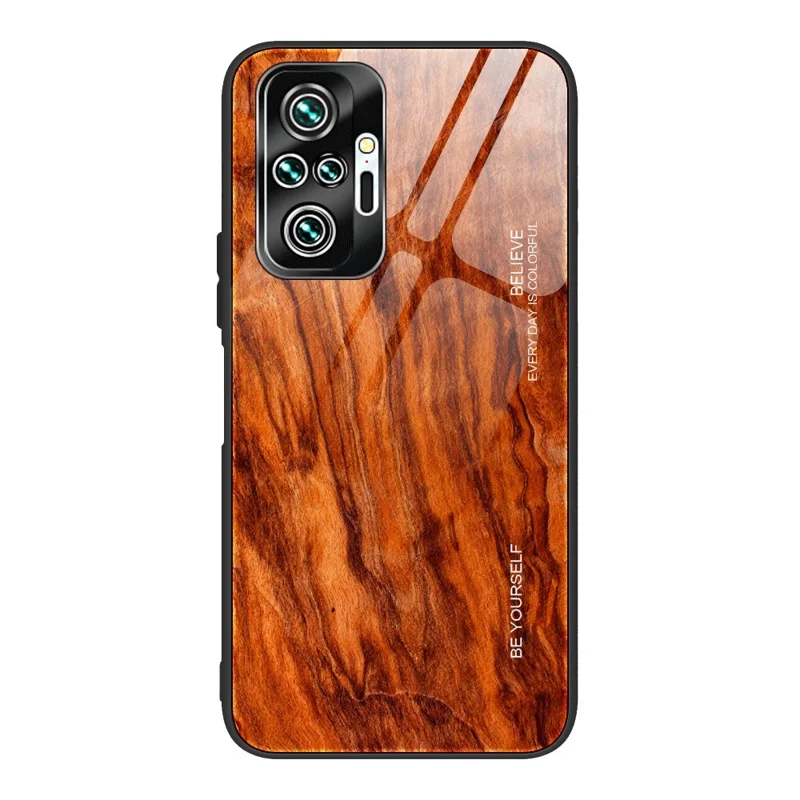 Wood Grain Pattern TPU+Tempered Glass Back Case for Xiaomi Redmi Note 10 Pro/Note 10 Pro Max - Dark Brown
