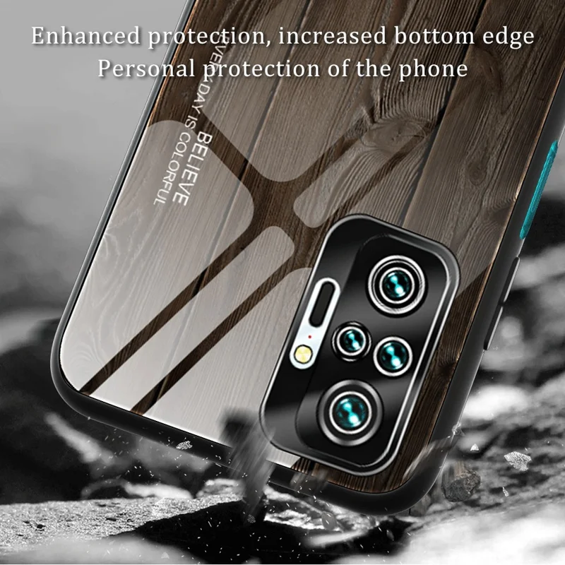 Wood Grain Pattern TPU+Tempered Glass Back Case for Xiaomi Redmi Note 10 Pro/Note 10 Pro Max - Dark Brown