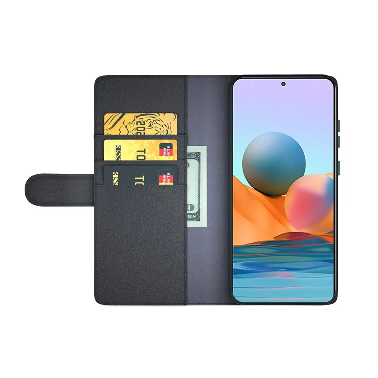 Shell de Billetera de Soporte de Cuero Genuino Para Xiaomi Redmi Note 10 Pro 4G (Global) - Negro