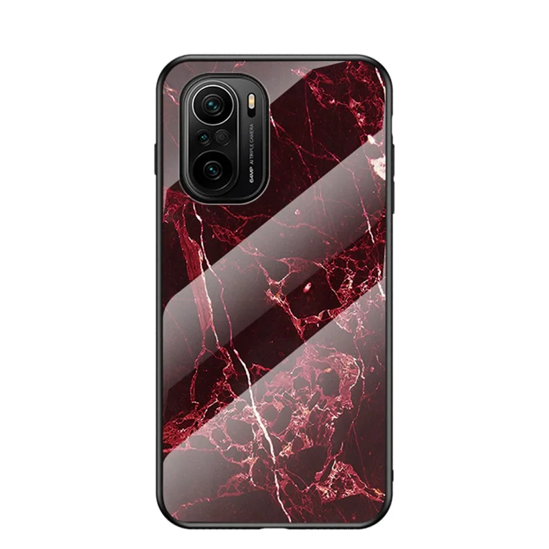 Well-Protected Anti-Scratch Tempered Glass Marbling Pattern Design Cell Phone Cover for Xiaomi Redmi K40/K40 Pro/K40 Pro+/Mi 11i/Poco F3 - Blood Red Marble