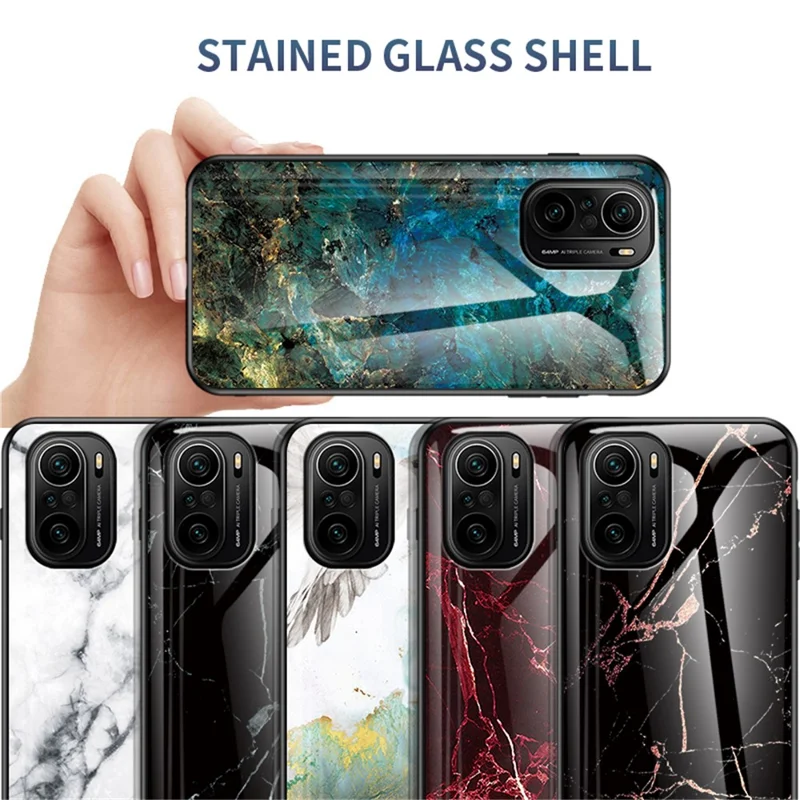 Well-Protected Anti-Scratch Tempered Glass Marbling Pattern Design Cell Phone Cover for Xiaomi Redmi K40/K40 Pro/K40 Pro+/Mi 11i/Poco F3 - Blood Red Marble