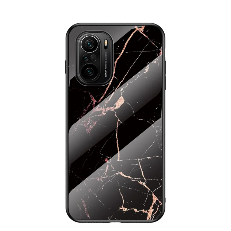 Well-Protected Anti-Scratch Tempered Glass Marbling Pattern Design Cell Phone Cover for Xiaomi Redmi K40/K40 Pro/K40 Pro+/Mi 11i/Poco F3 - Gold Black Marble